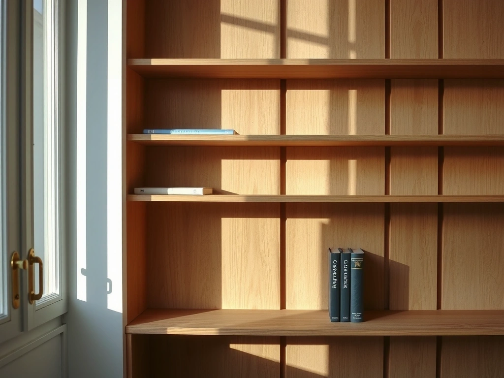 Close-up of a flawlessly dusted bookshelf with morning light creating sharp, clean shadows