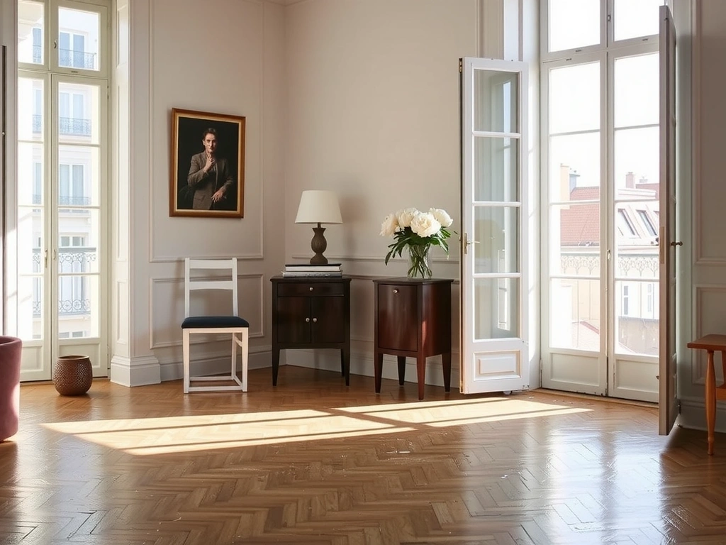 A serene Parisian living room with polished floors and natural light